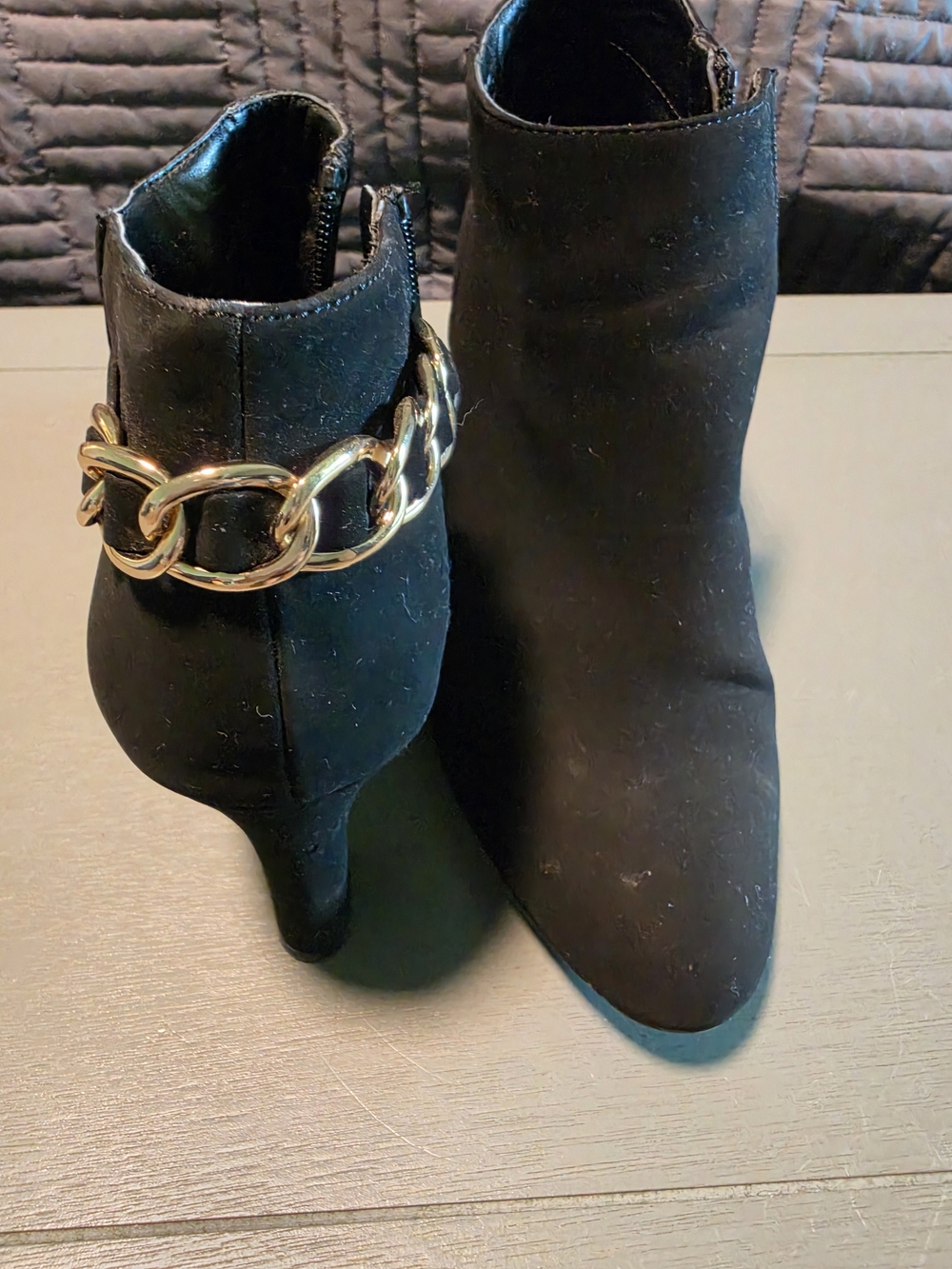 Black Suede Ankle Boots with Gold Chain Accent